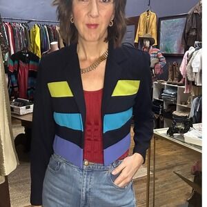 DANI MAX 90s Cropped‎ Blazer Jacket Navy Blue Geometric Stripe Women's Size 8
